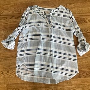 LOFT COTTON POPOVER BUTTON DOWN BLUE WHITE STRIPED HI LO SHIRT TOP XXL